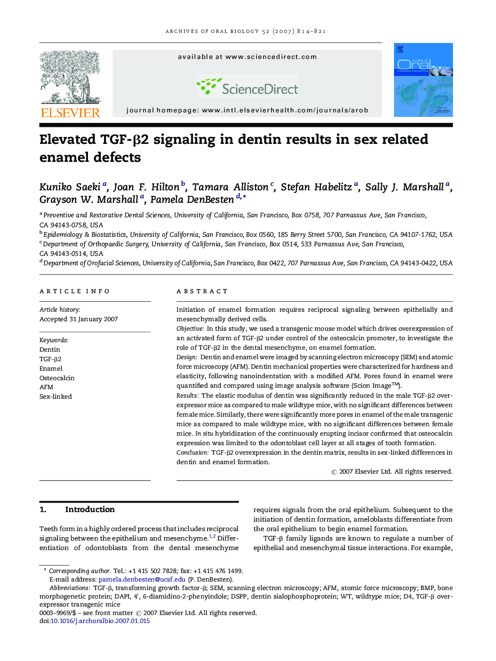 Elevated TGF-β2 signaling in dentin results in sex related enamel defects