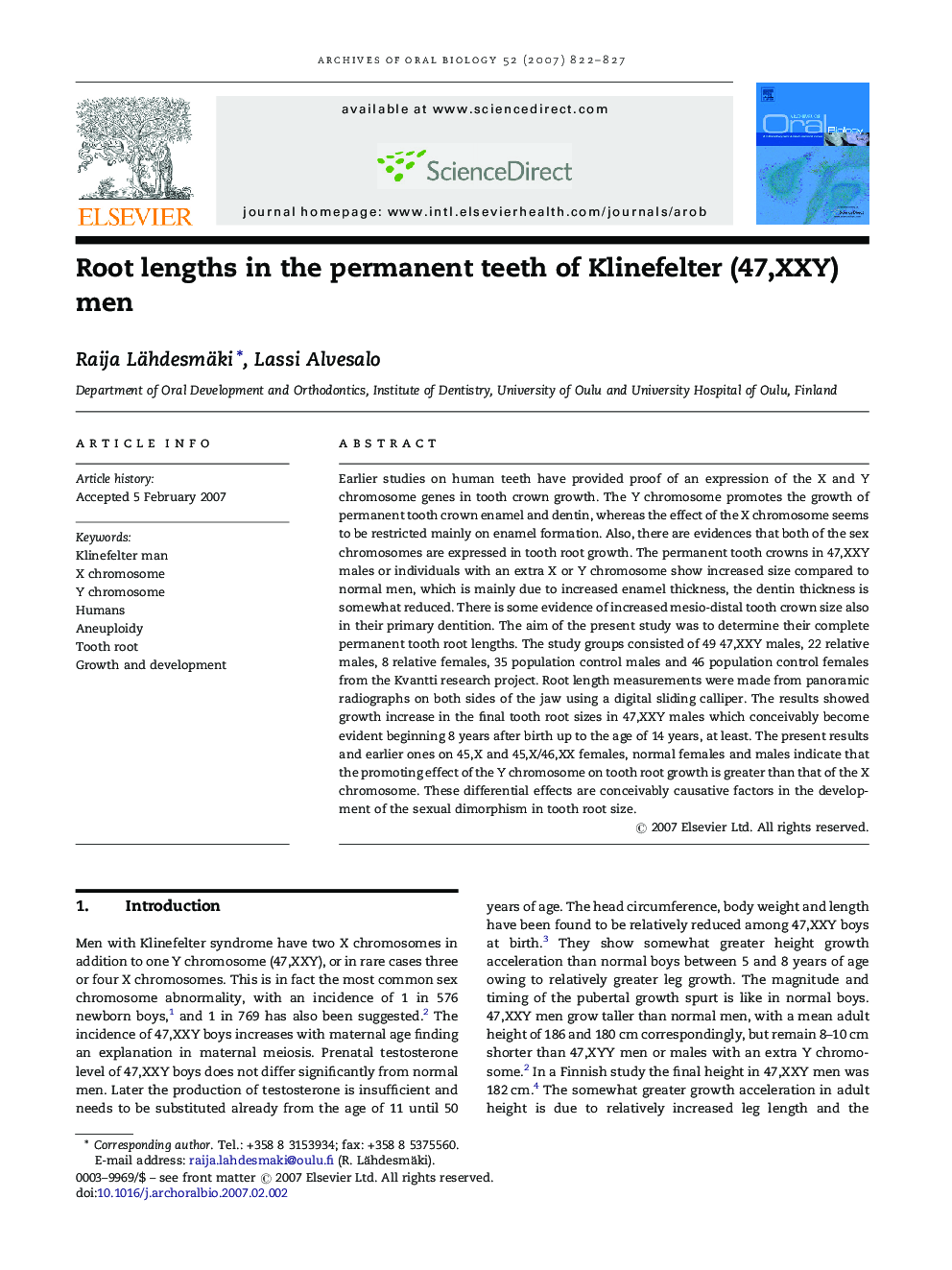 Root lengths in the permanent teeth of Klinefelter (47,XXY) men