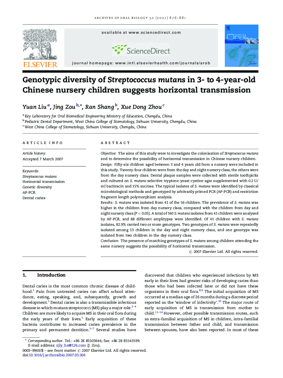 Genotypic diversity of Streptococcus mutans in 3- to 4-year-old Chinese nursery children suggests horizontal transmission