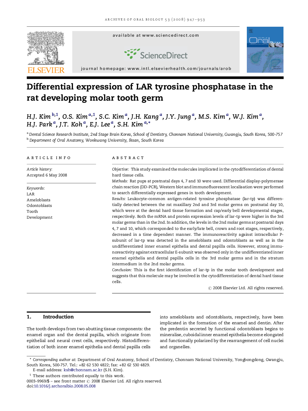 Differential expression of LAR tyrosine phosphatase in the rat developing molar tooth germ