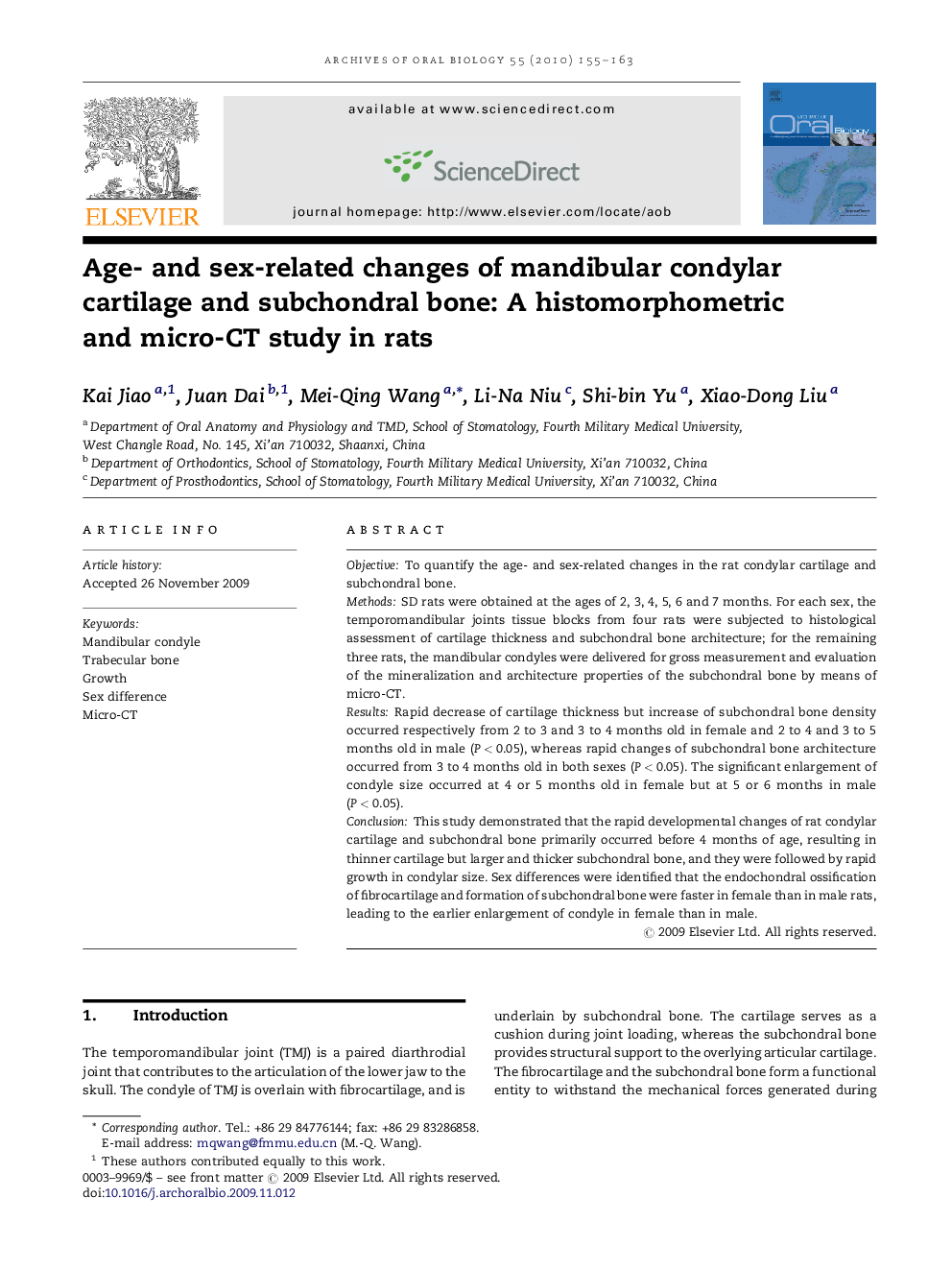 عکس صفحه اول مقاله: Age- and sex-related changes of mandibular condylar cartilage and subchondral bone: A histomorphometric and micro-CT study in rats Age- and sex-related changes of mandibular condylar cartilage and subchondral bone: A histomorphometric and micro-CT study in rats