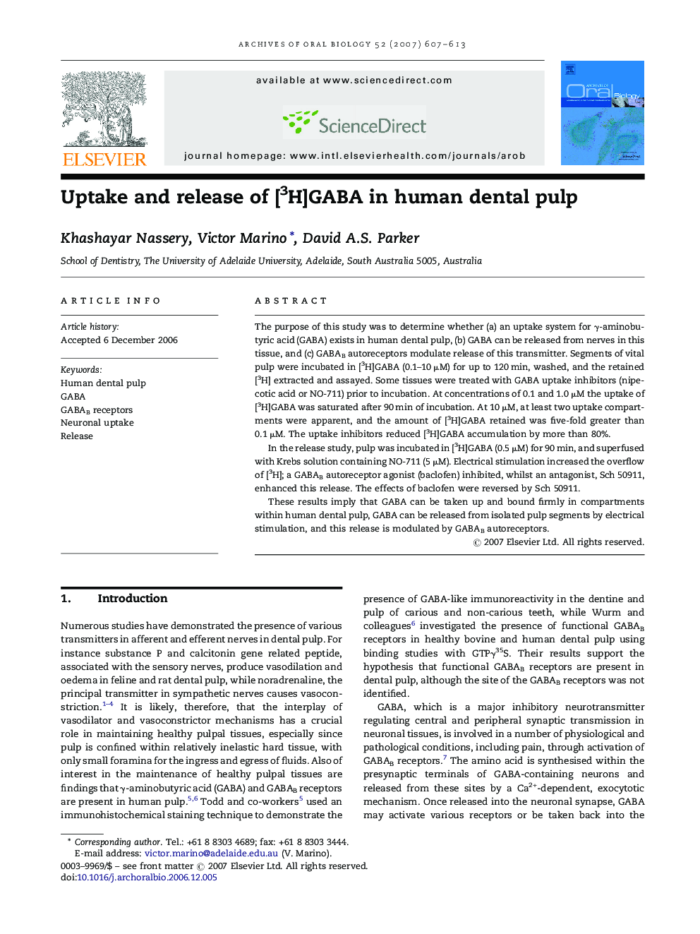 Uptake and release of [3H]GABA in human dental pulp