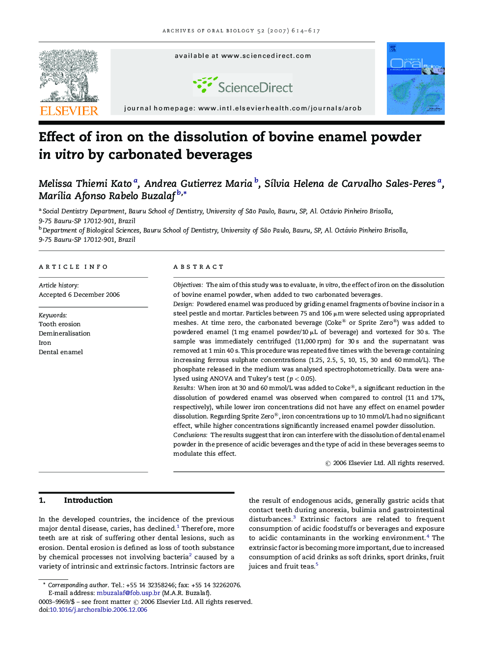 Effect of iron on the dissolution of bovine enamel powder in vitro by carbonated beverages