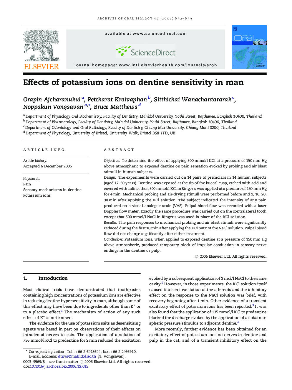 Effects of potassium ions on dentine sensitivity in man