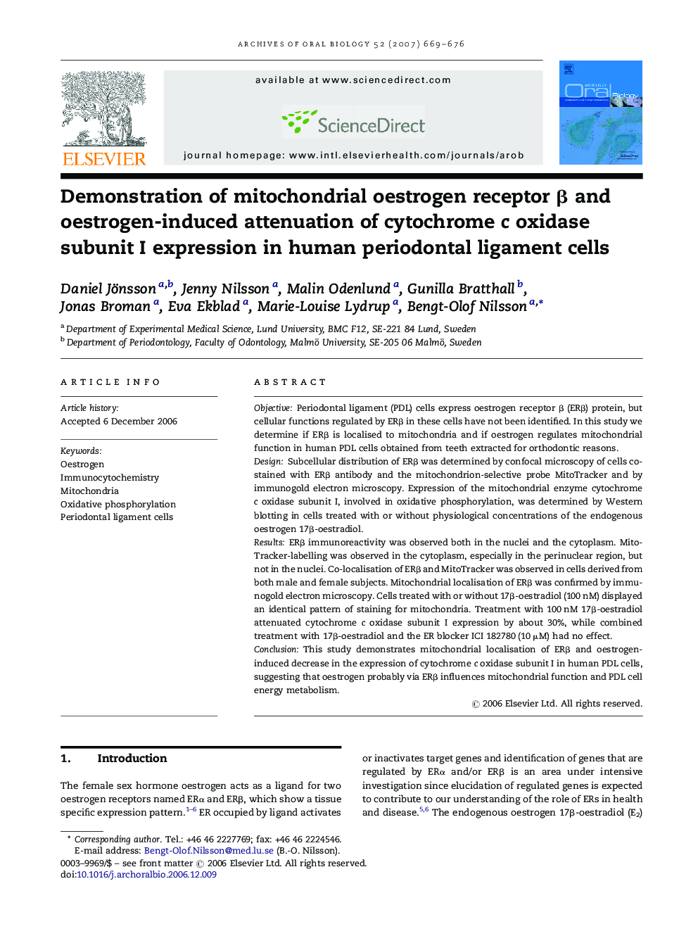 Demonstration of mitochondrial oestrogen receptor β and oestrogen-induced attenuation of cytochrome c oxidase subunit I expression in human periodontal ligament cells