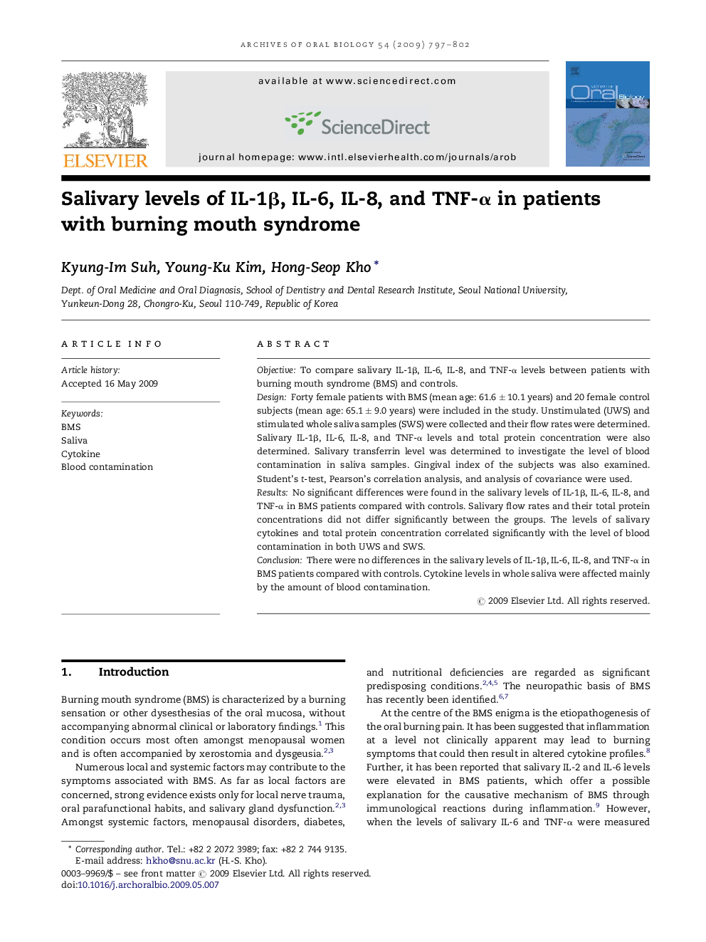 Salivary levels of IL-1β, IL-6, IL-8, and TNF-α in patients with burning mouth syndrome