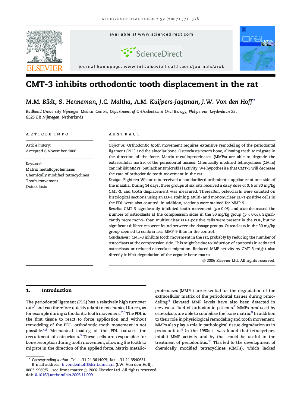 CMT-3 inhibits orthodontic tooth displacement in the rat