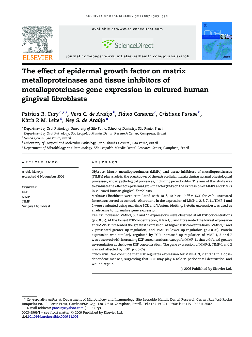 The effect of epidermal growth factor on matrix metalloproteinases and tissue inhibitors of metalloproteinase gene expression in cultured human gingival fibroblasts