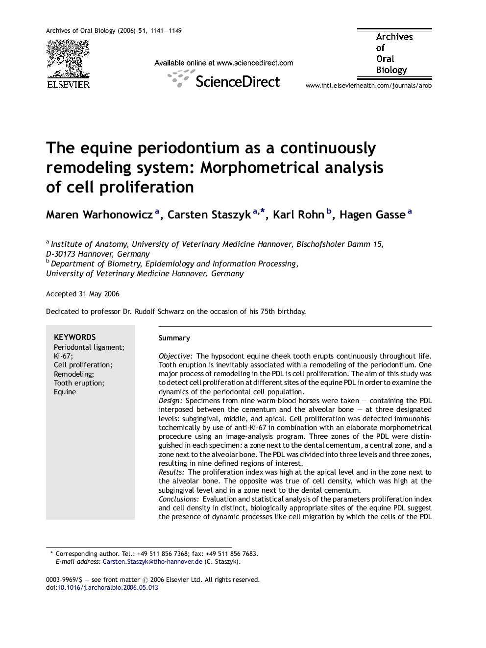 The equine periodontium as a continuously remodeling system: Morphometrical analysis of cell proliferation