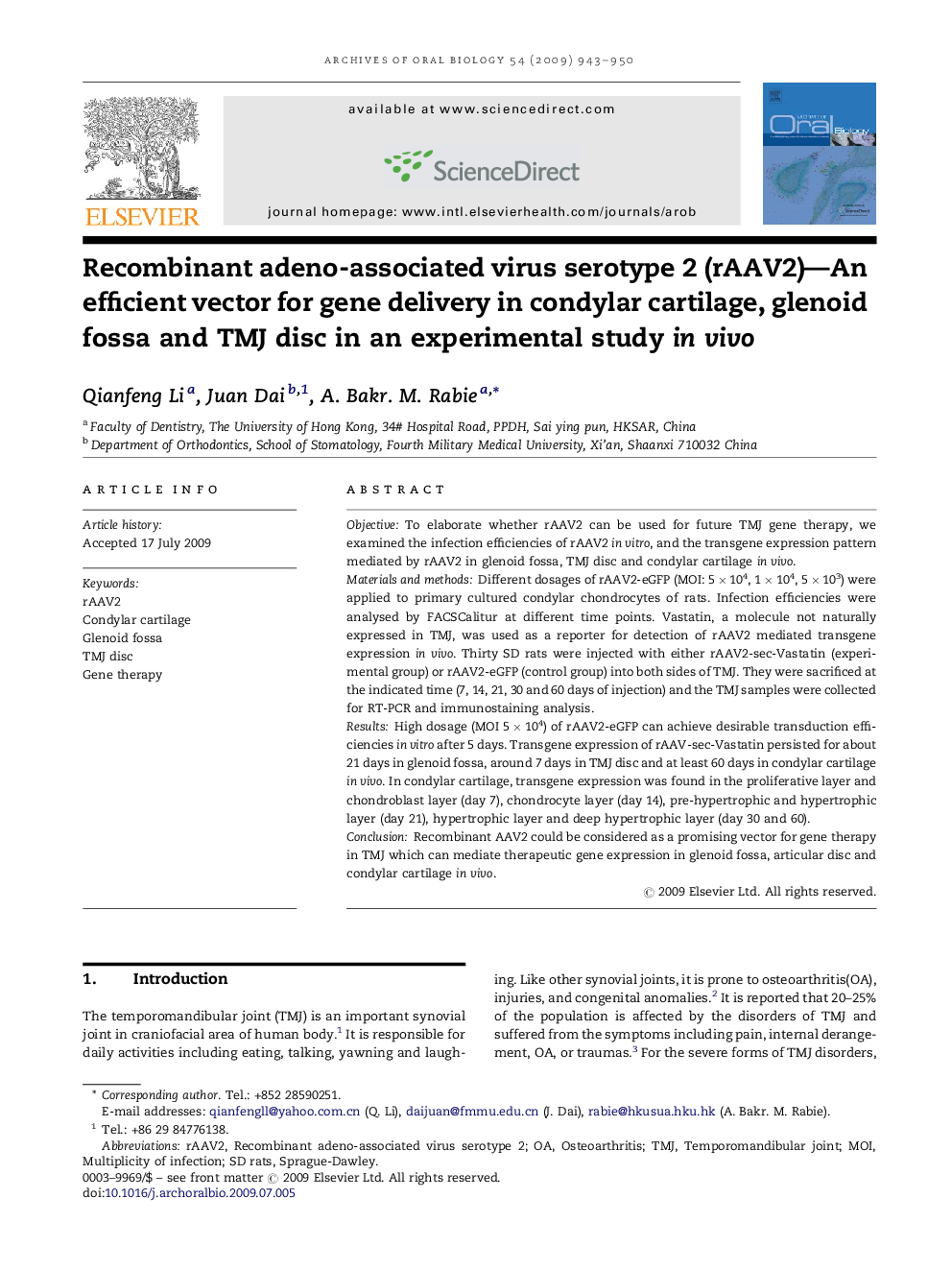 Recombinant adeno-associated virus serotype 2 (rAAV2)—An efficient vector for gene delivery in condylar cartilage, glenoid fossa and TMJ disc in an experimental study in vivo