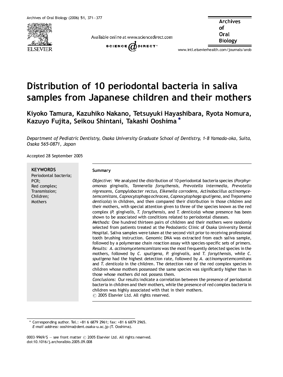Distribution of 10 periodontal bacteria in saliva samples from Japanese children and their mothers