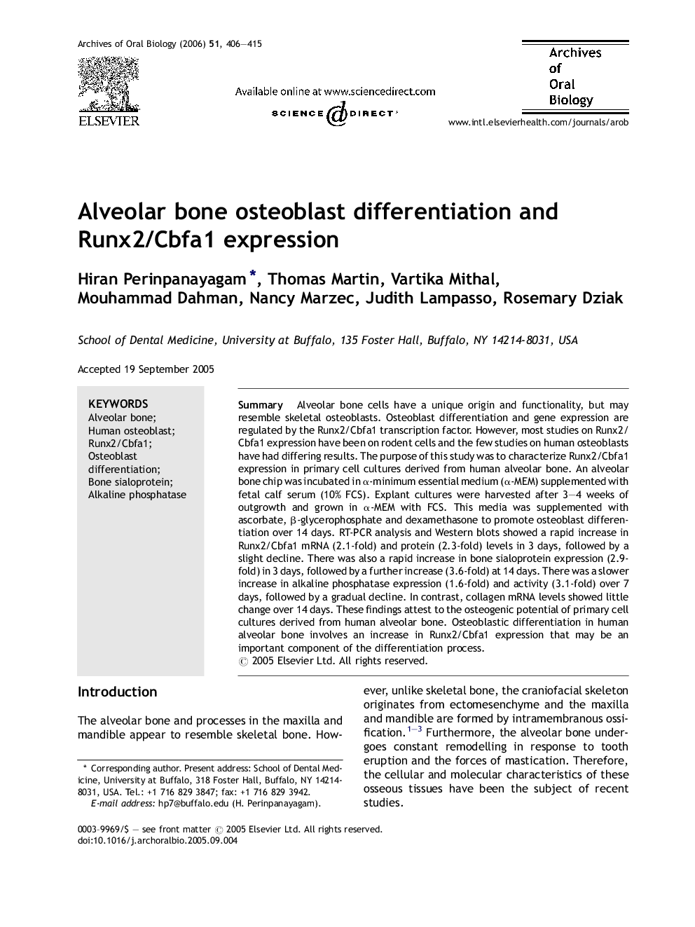 Alveolar bone osteoblast differentiation and Runx2/Cbfa1 expression