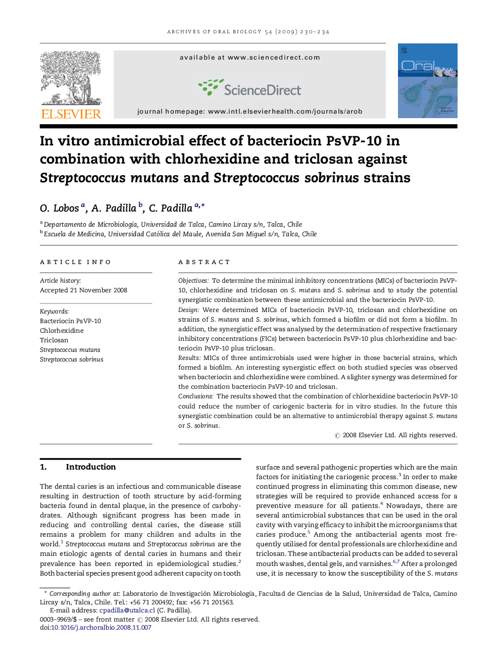 In vitro antimicrobial effect of bacteriocin PsVP-10 in combination with chlorhexidine and triclosan against Streptococcus mutans and Streptococcus sobrinus strains