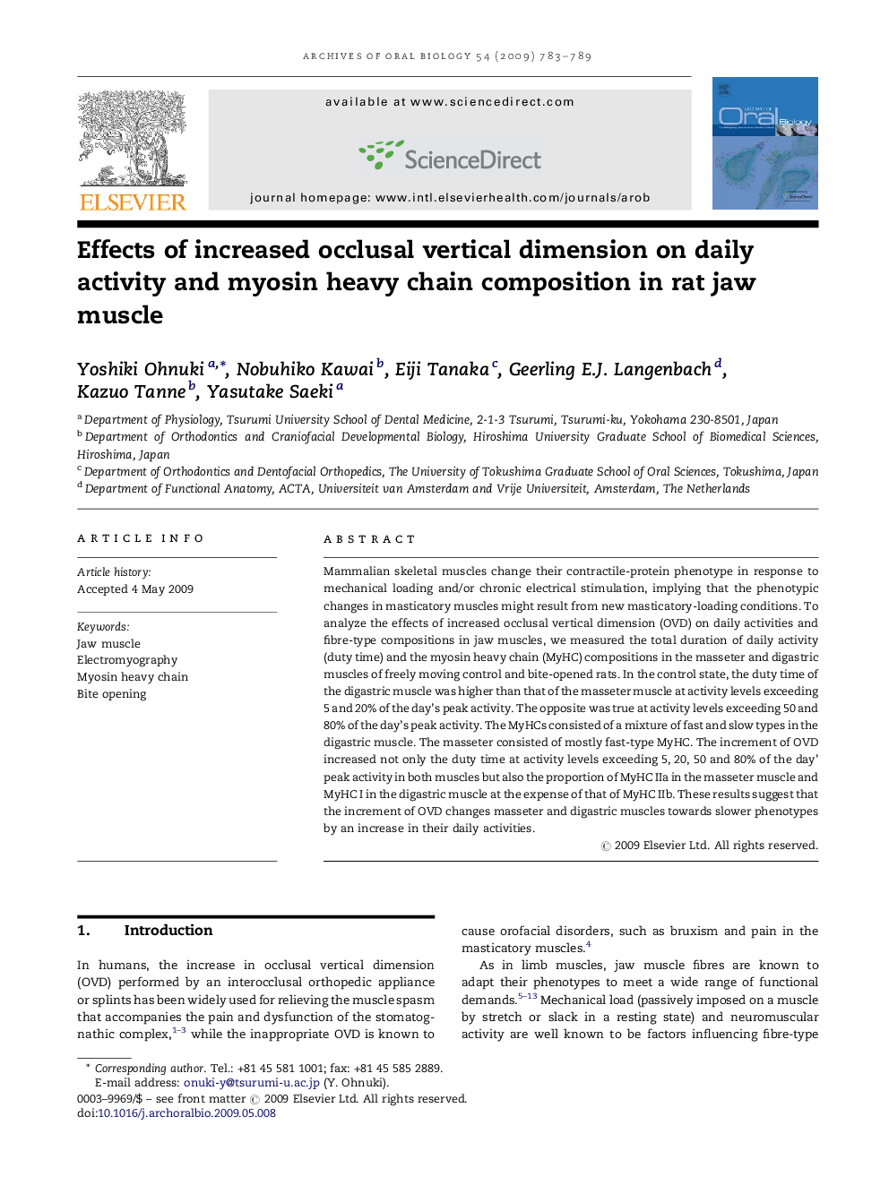 Effects of increased occlusal vertical dimension on daily activity and myosin heavy chain composition in rat jaw muscle