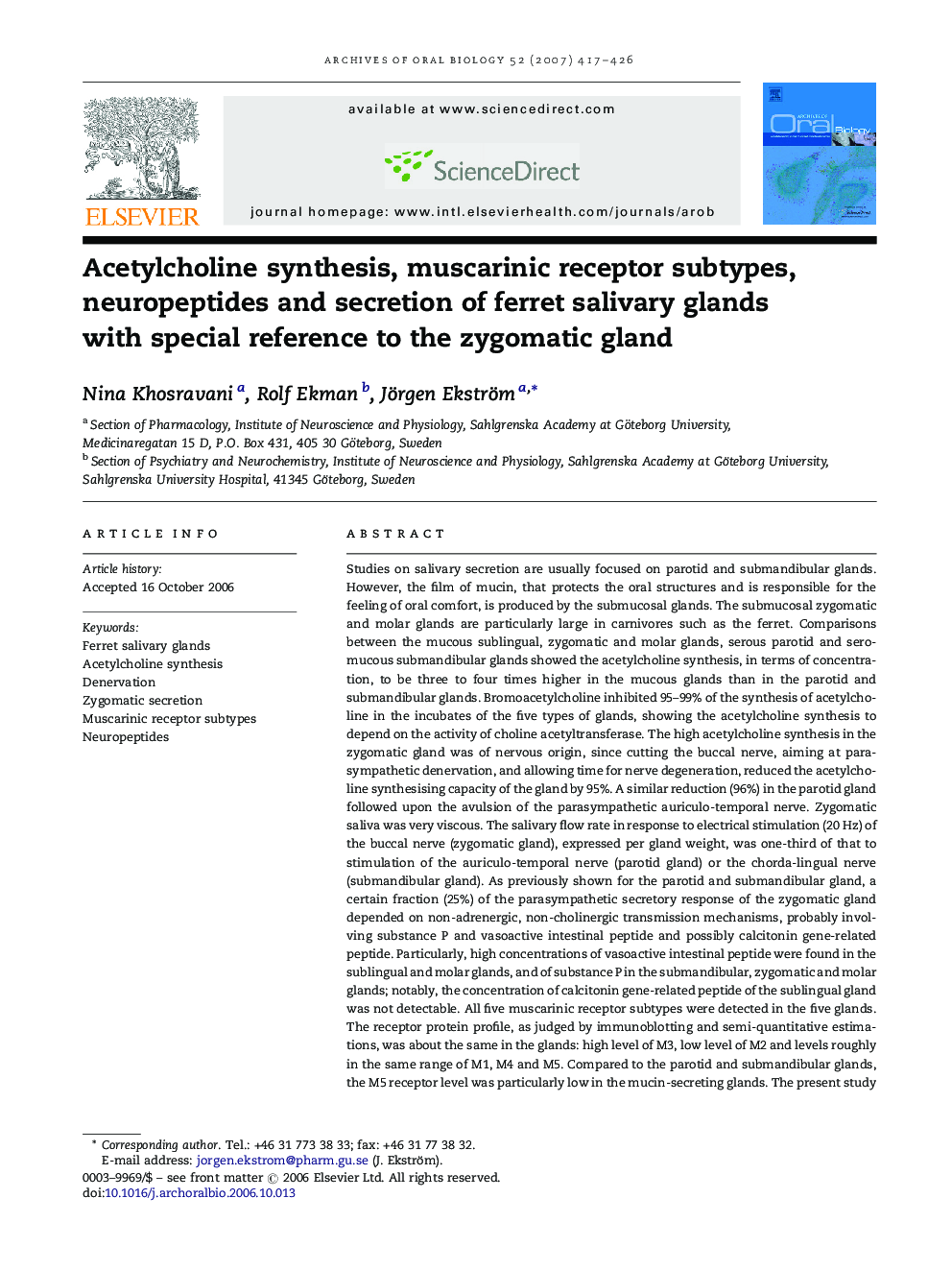 Acetylcholine synthesis, muscarinic receptor subtypes, neuropeptides and secretion of ferret salivary glands with special reference to the zygomatic gland