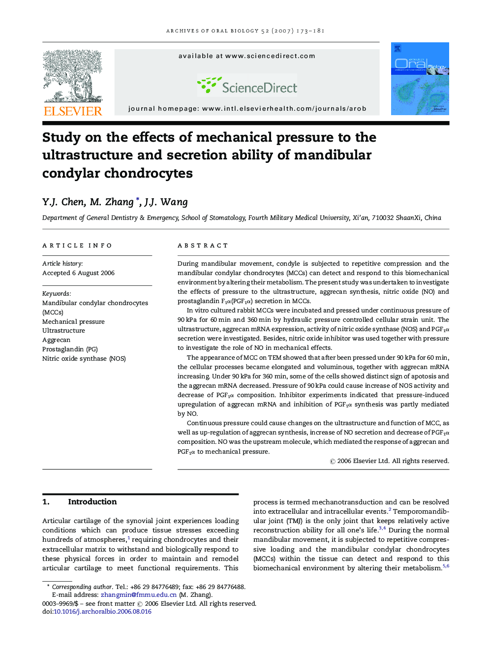 Study on the effects of mechanical pressure to the ultrastructure and secretion ability of mandibular condylar chondrocytes