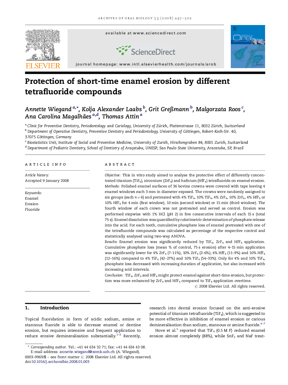 Protection of short-time enamel erosion by different tetrafluoride compounds