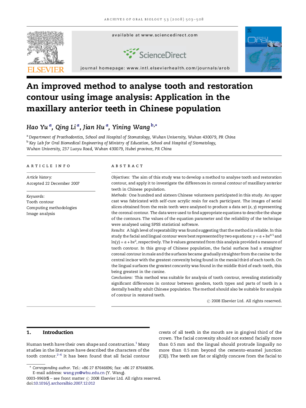 An improved method to analyse tooth and restoration contour using image analysis: Application in the maxillary anterior teeth in Chinese population