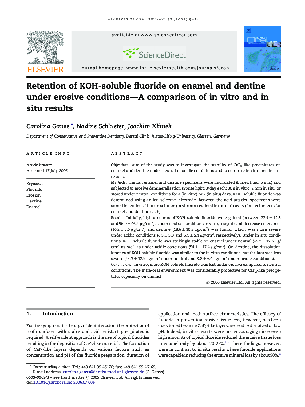 Retention of KOH-soluble fluoride on enamel and dentine under erosive conditions—A comparison of in vitro and in situ results