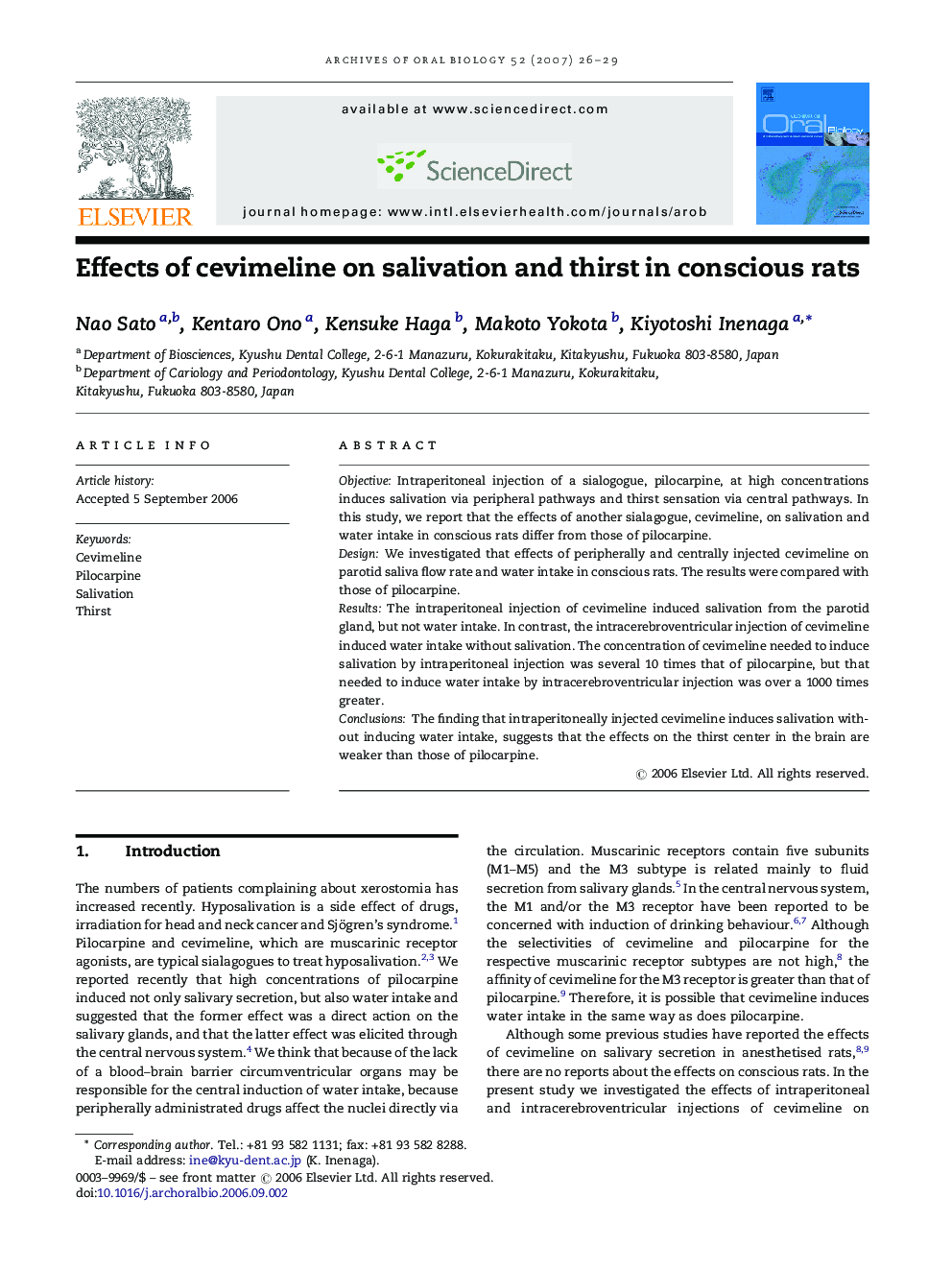 Effects of cevimeline on salivation and thirst in conscious rats