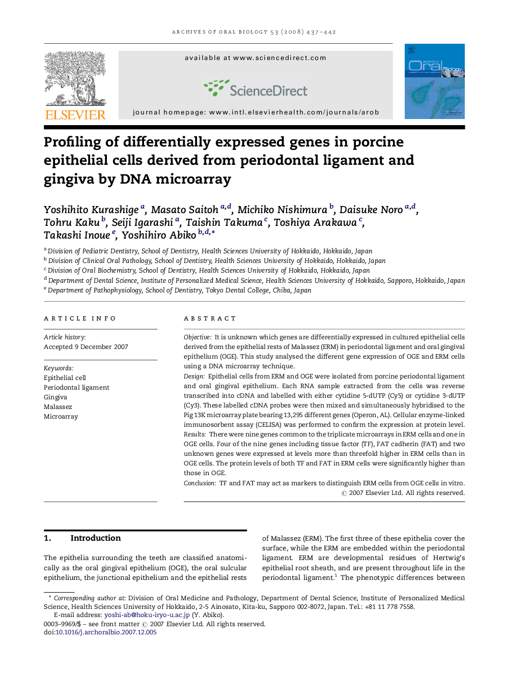 Profiling of differentially expressed genes in porcine epithelial cells derived from periodontal ligament and gingiva by DNA microarray