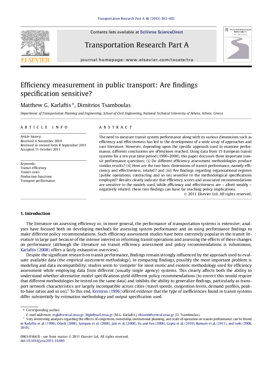 Efficiency measurement in public transport: Are findings specification sensitive?