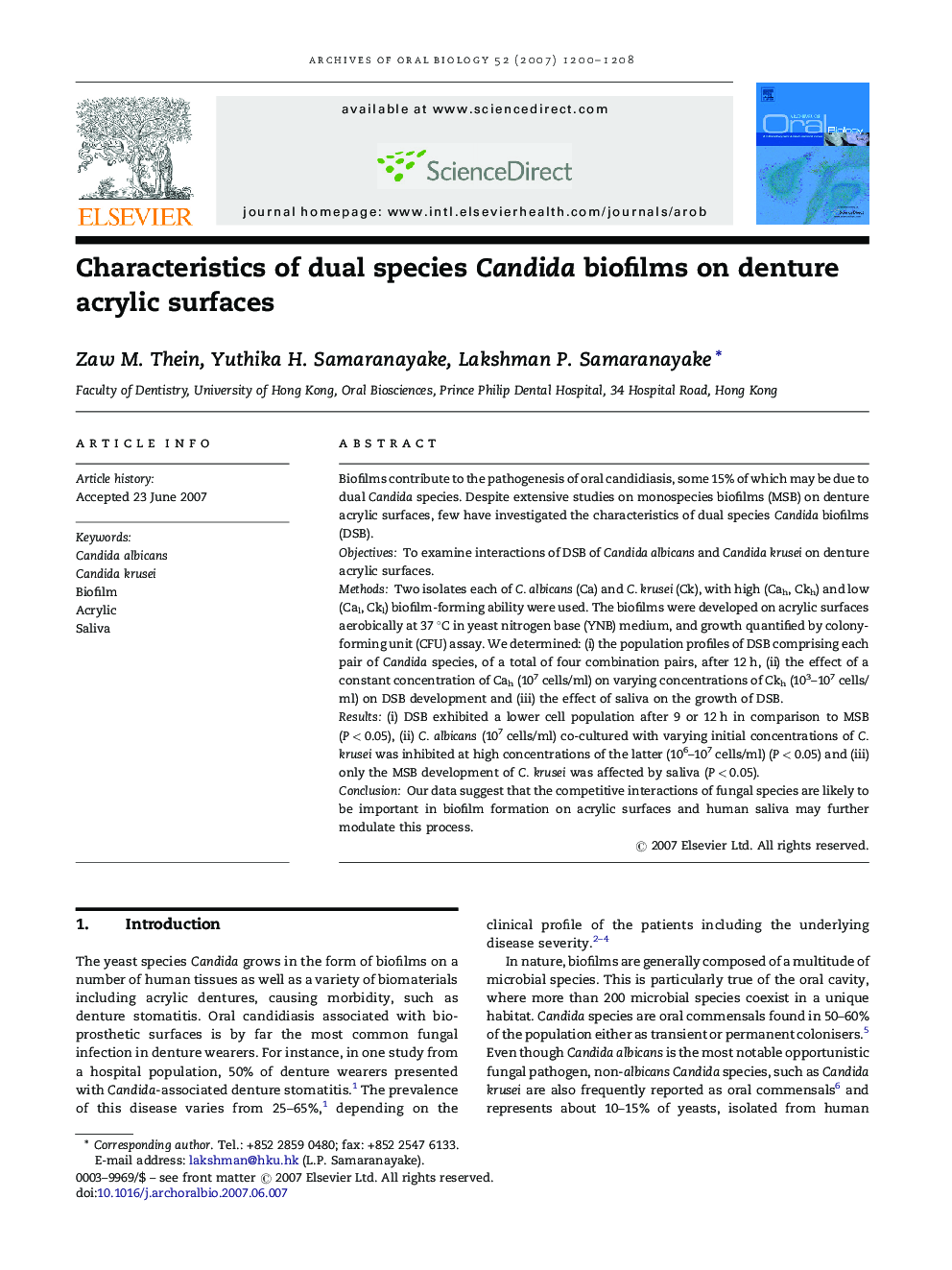 Characteristics of dual species Candida biofilms on denture acrylic surfaces