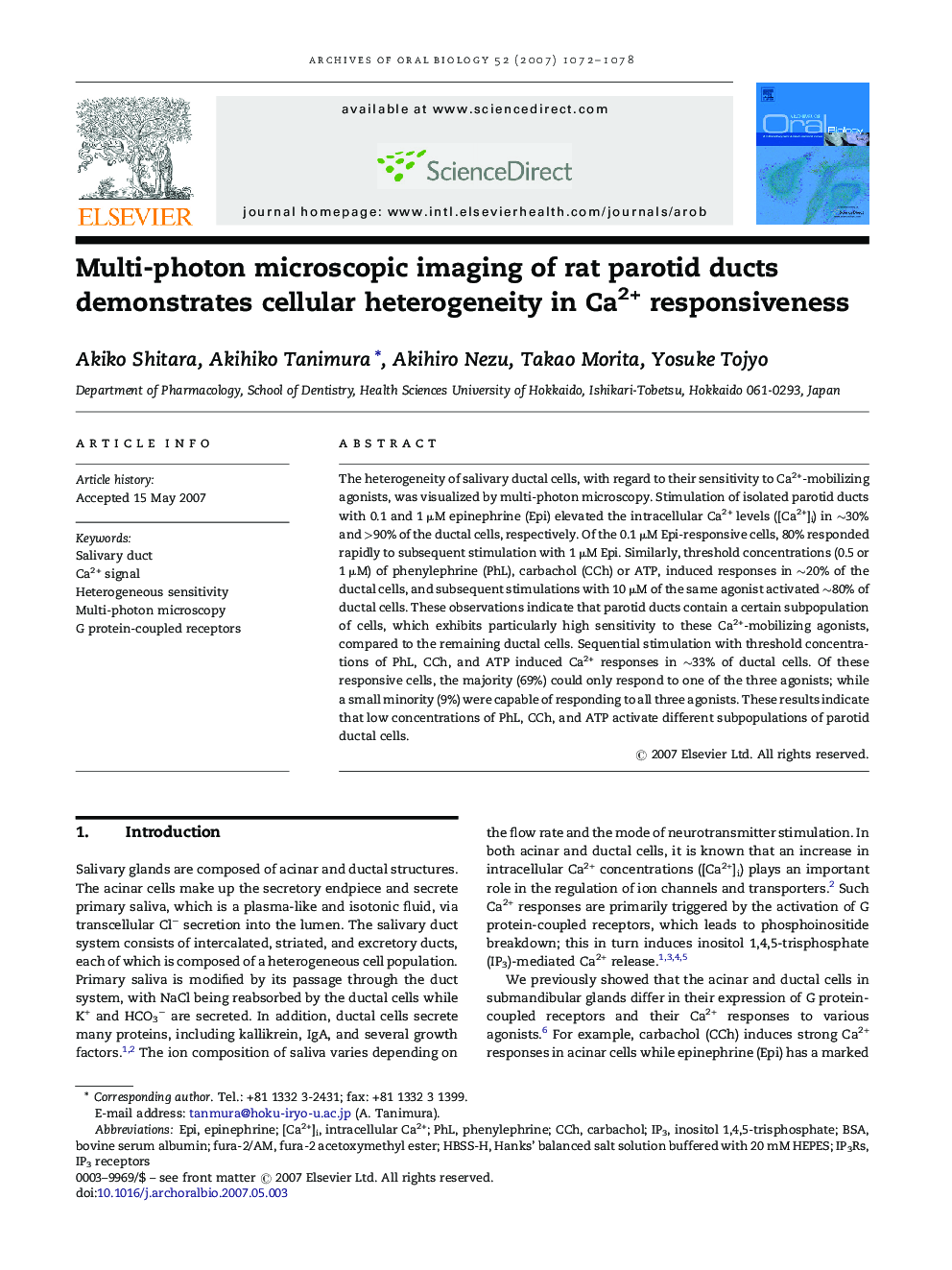 Multi-photon microscopic imaging of rat parotid ducts demonstrates cellular heterogeneity in Ca2+ responsiveness