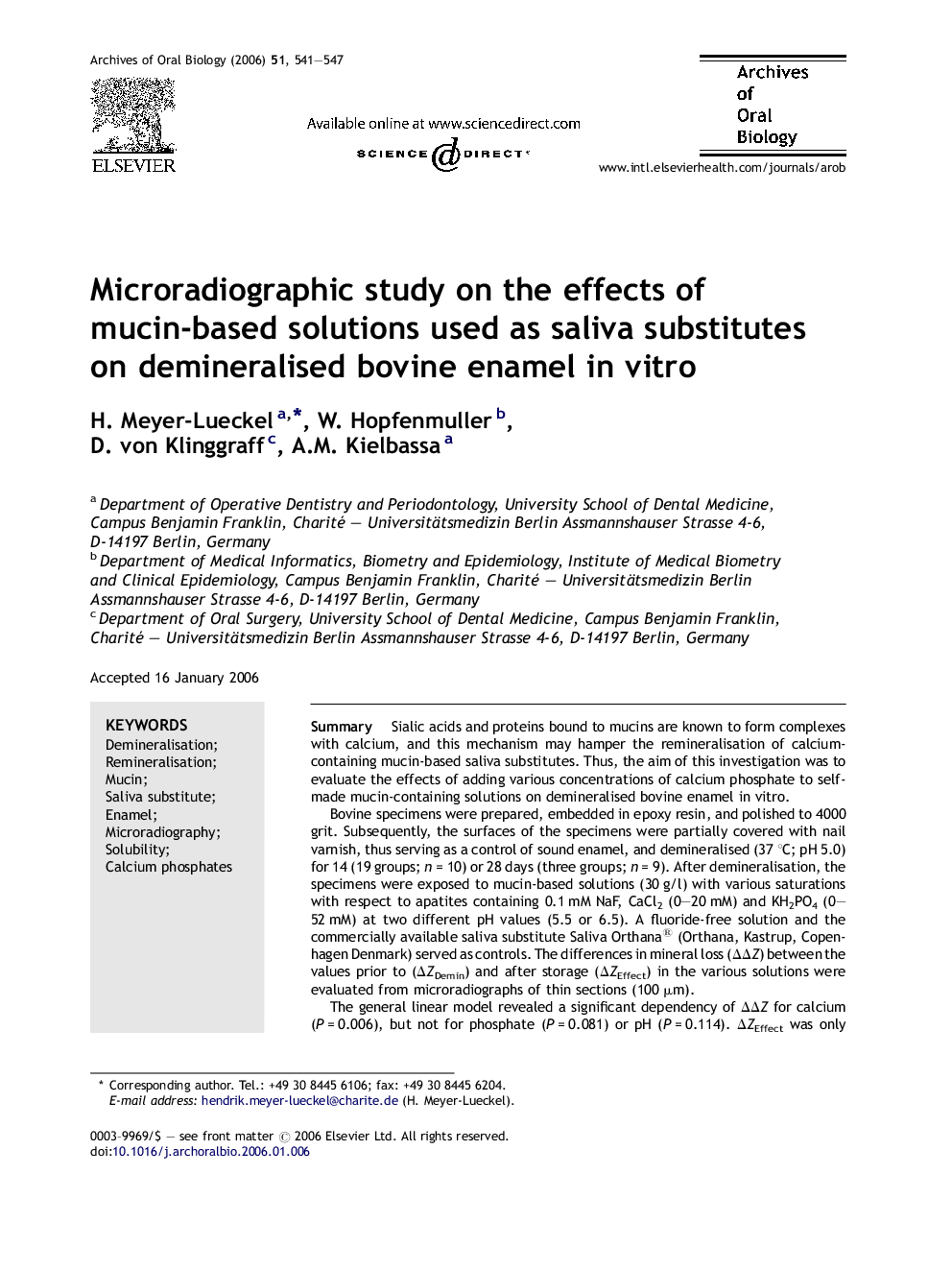 Microradiographic study on the effects of mucin-based solutions used as saliva substitutes on demineralised bovine enamel in vitro