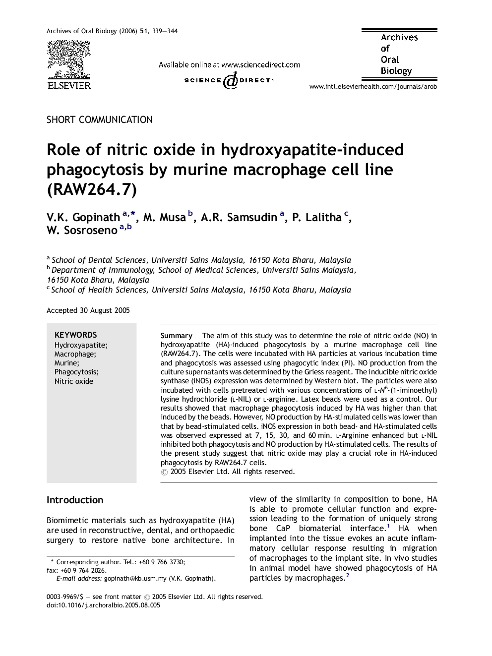 Role of nitric oxide in hydroxyapatite-induced phagocytosis by murine macrophage cell line (RAW264.7)