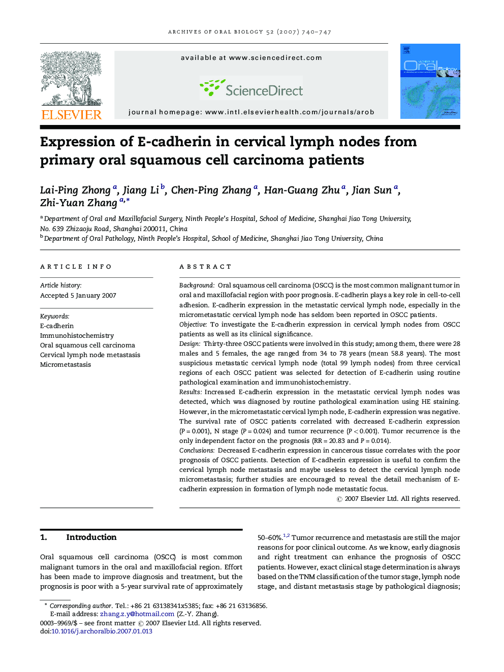 Expression of E-cadherin in cervical lymph nodes from primary oral squamous cell carcinoma patients