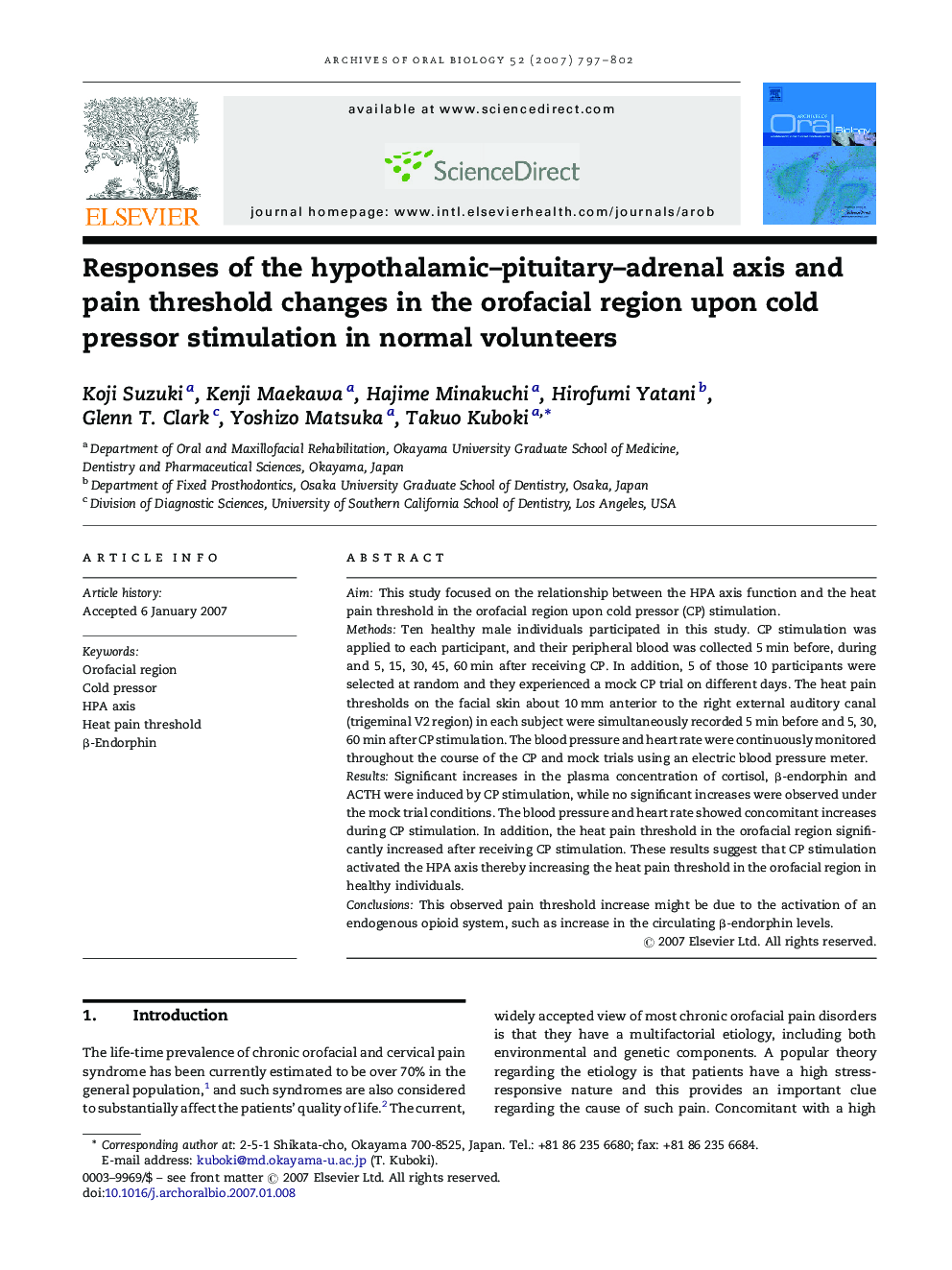 Responses of the hypothalamic–pituitary–adrenal axis and pain threshold changes in the orofacial region upon cold pressor stimulation in normal volunteers