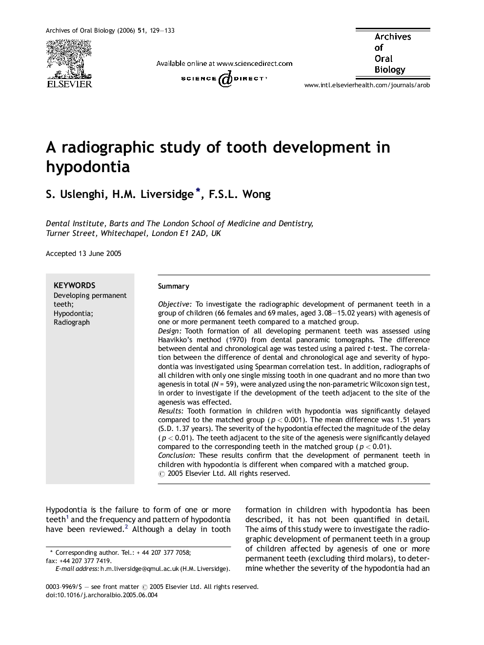 A radiographic study of tooth development in hypodontia