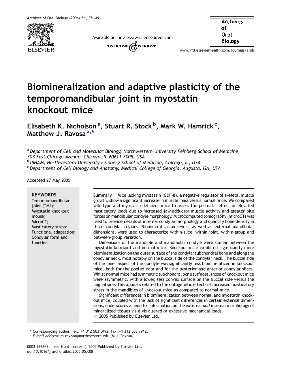 Biomineralization and adaptive plasticity of the temporomandibular joint in myostatin knockout mice