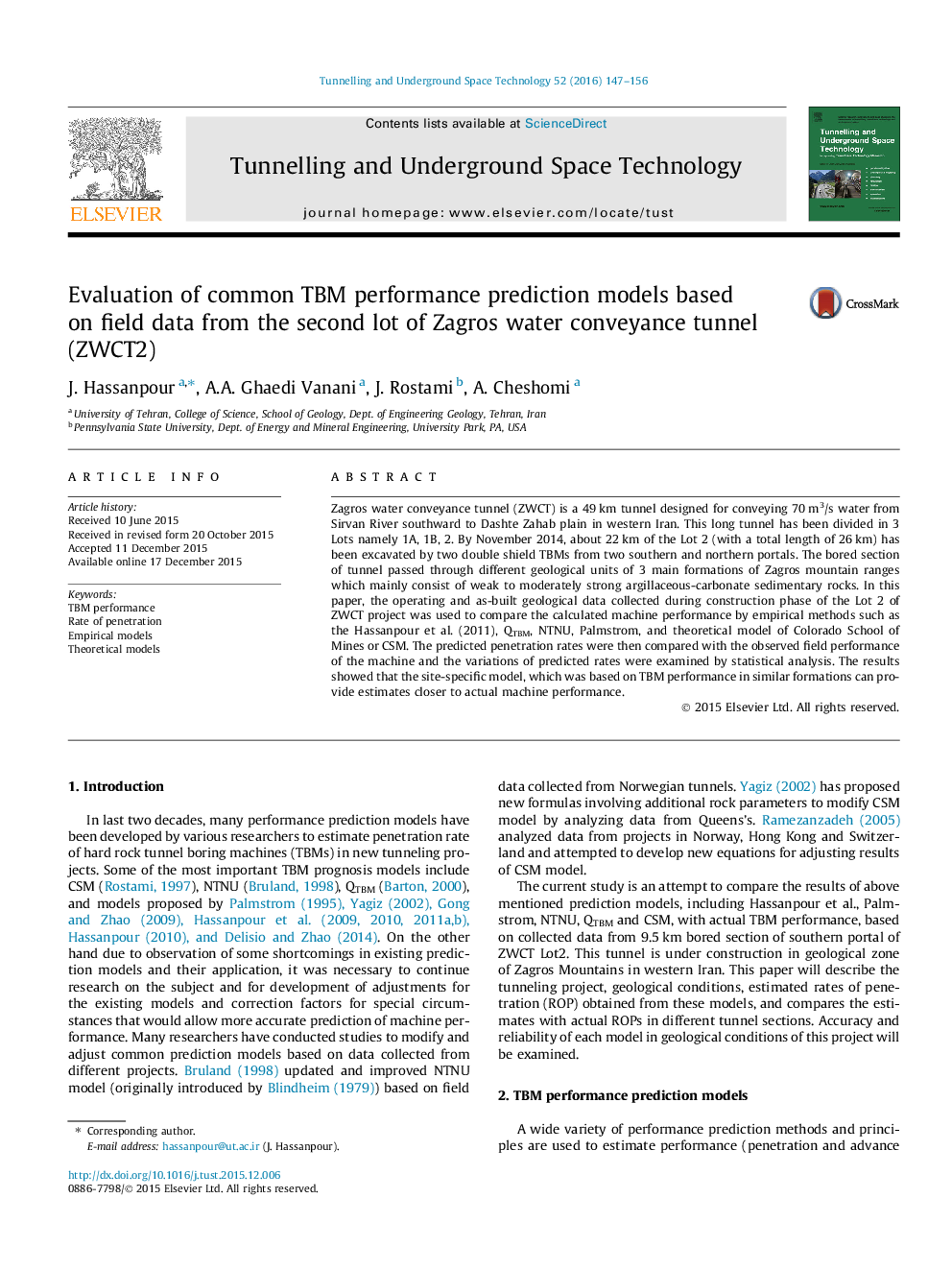 Evaluation of common TBM performance prediction models based on field data from the second lot of Zagros water conveyance tunnel (ZWCT2)