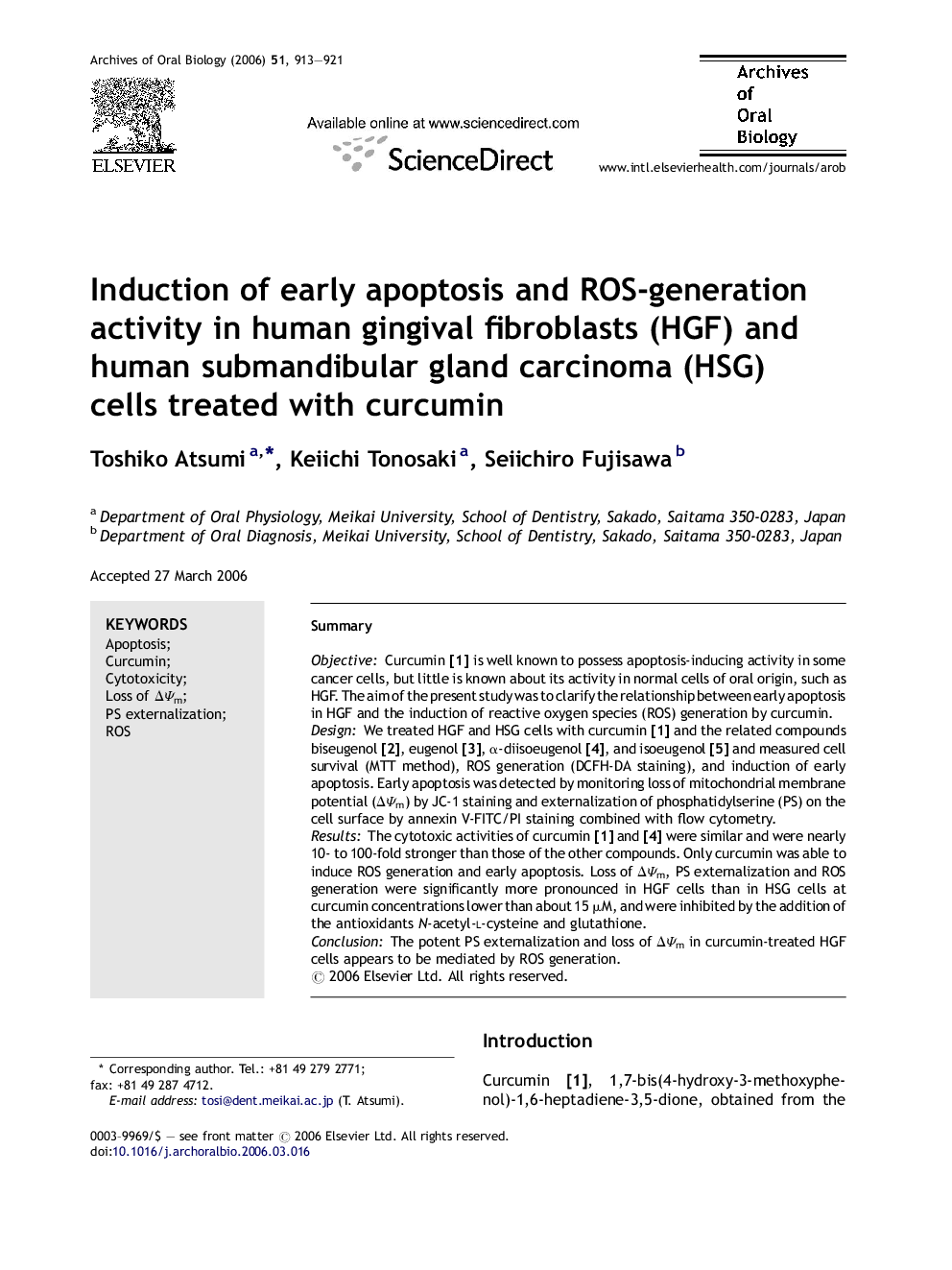 Induction of early apoptosis and ROS-generation activity in human gingival fibroblasts (HGF) and human submandibular gland carcinoma (HSG) cells treated with curcumin