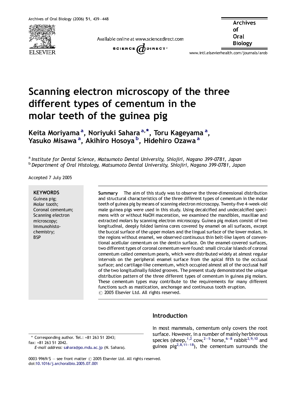 Scanning electron microscopy of the three different types of cementum in the molar teeth of the guinea pig