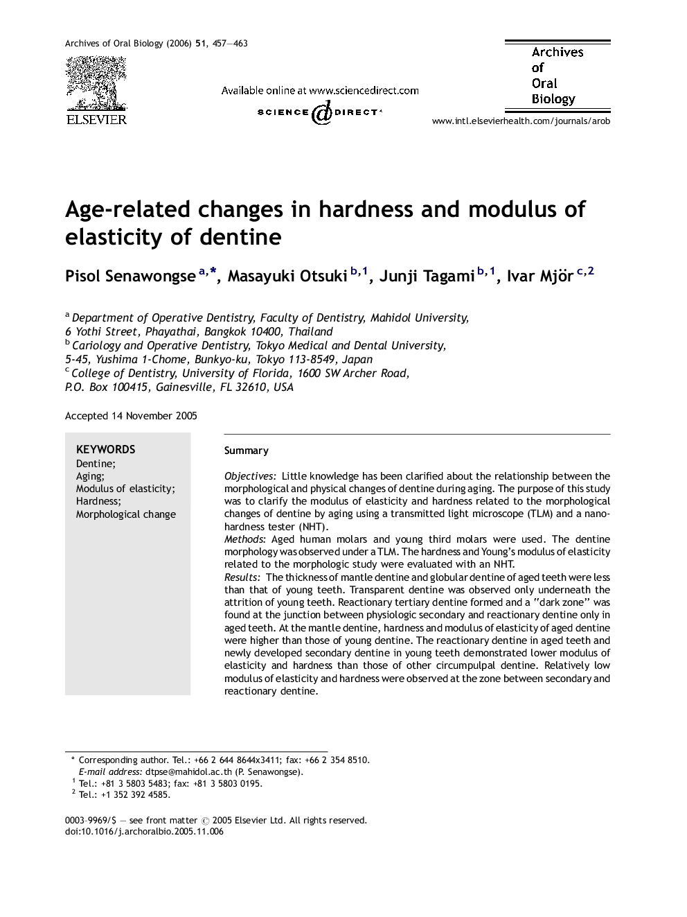 Age-related changes in hardness and modulus of elasticity of dentine