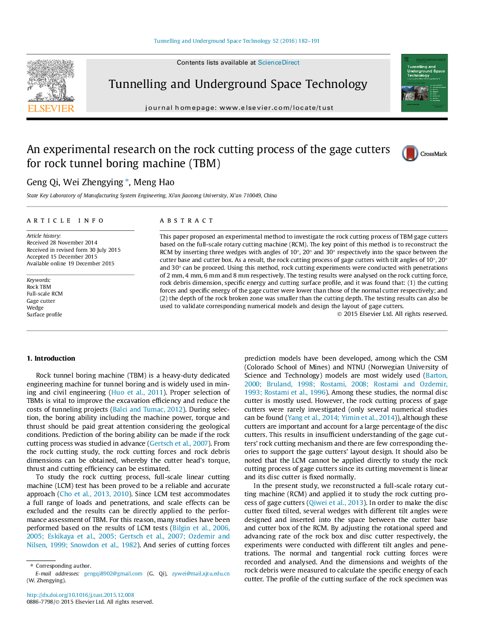 An experimental research on the rock cutting process of the gage cutters for rock tunnel boring machine (TBM)