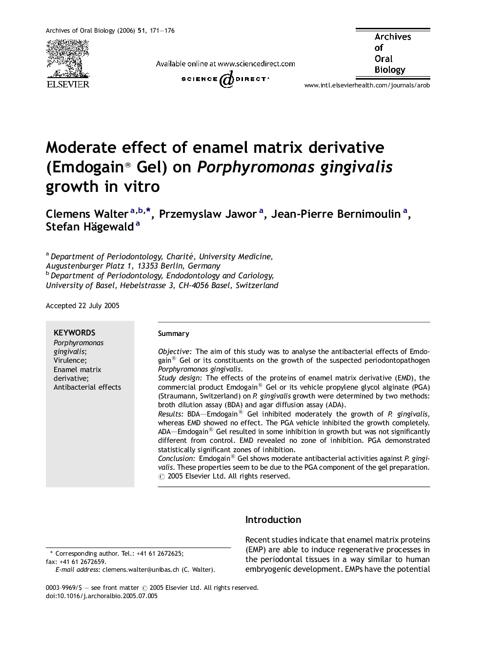 Moderate effect of enamel matrix derivative (Emdogain® Gel) on Porphyromonas gingivalis growth in vitro