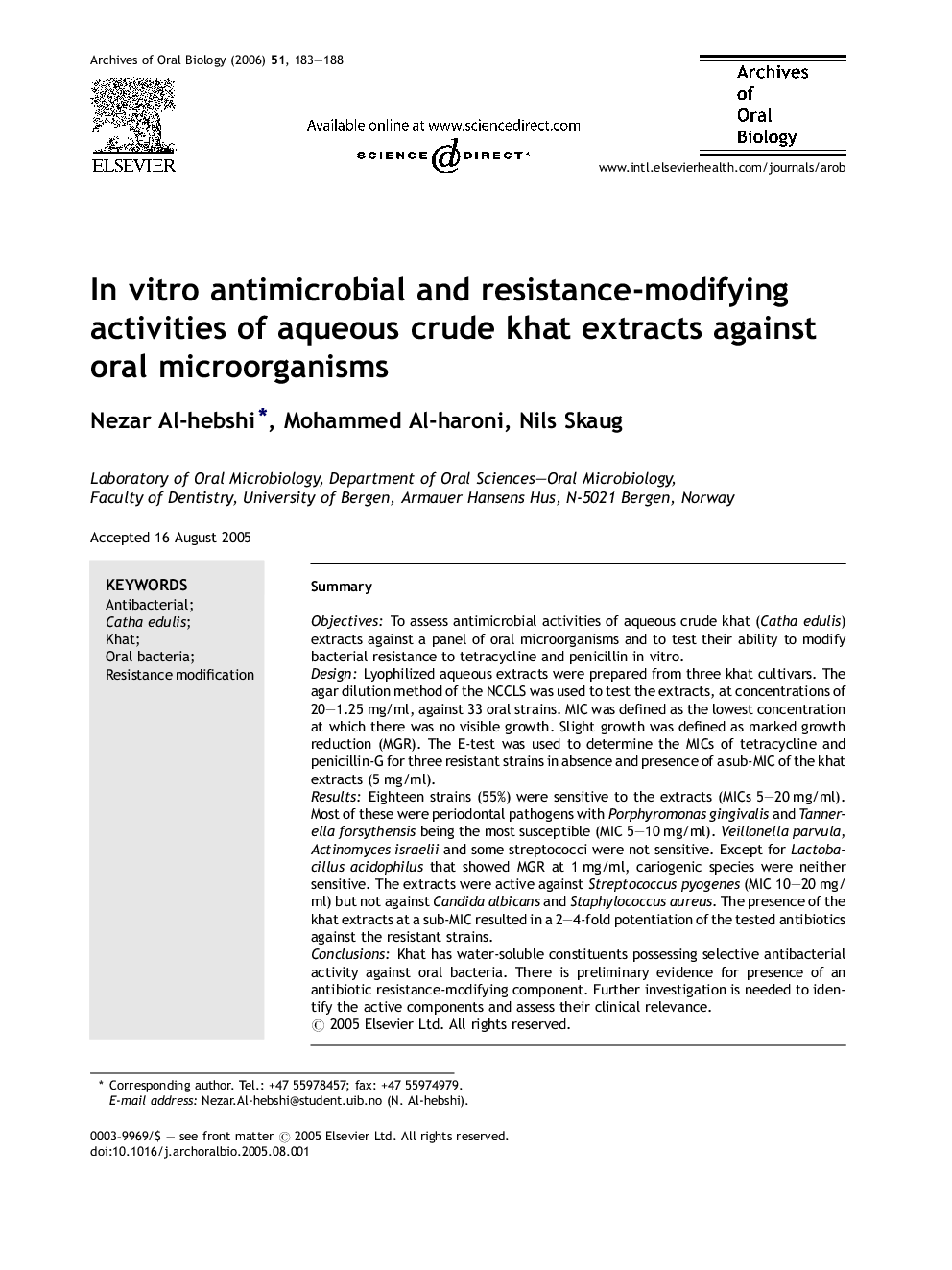 In vitro antimicrobial and resistance-modifying activities of aqueous crude khat extracts against oral microorganisms