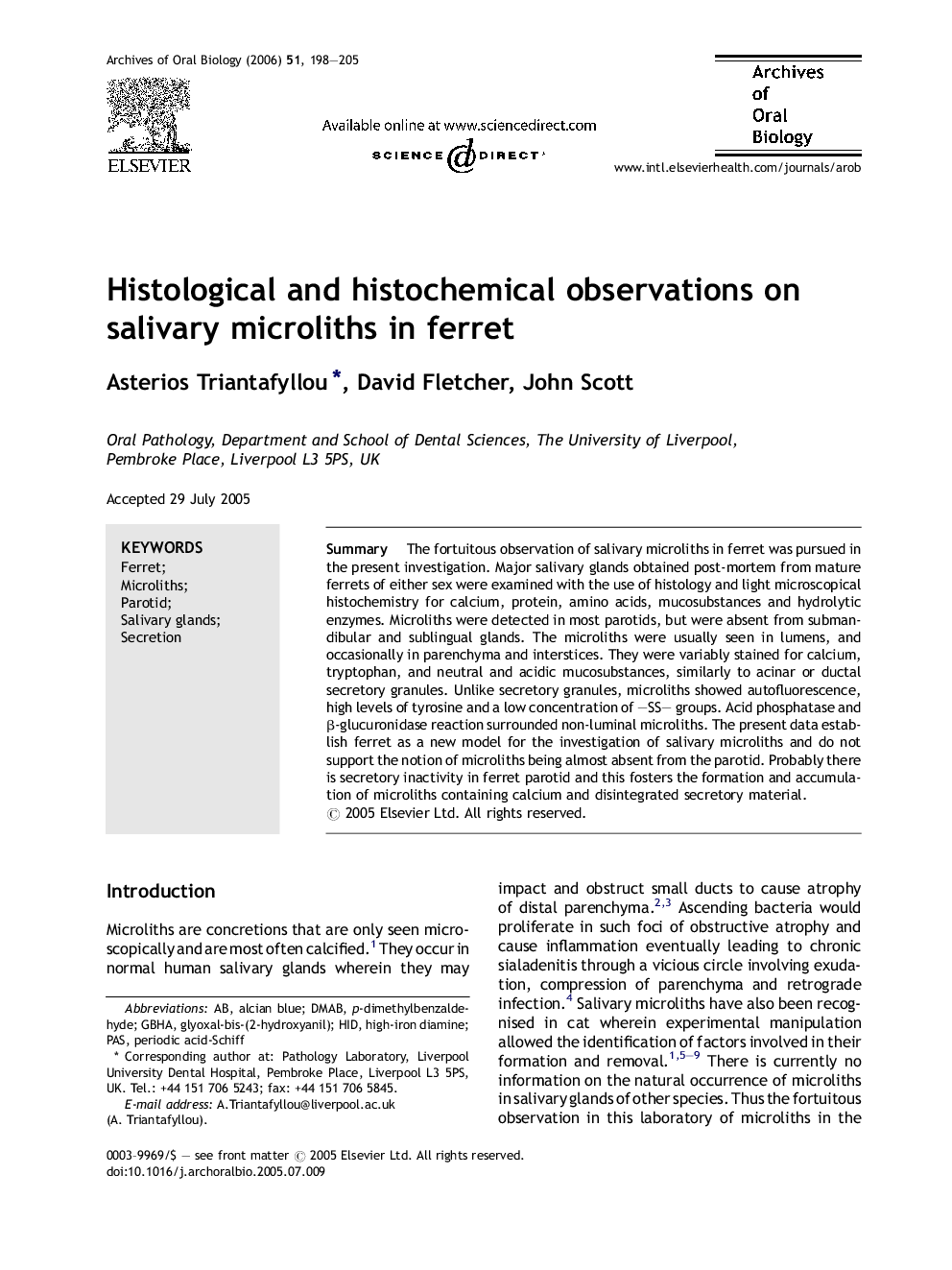 Histological and histochemical observations on salivary microliths in ferret