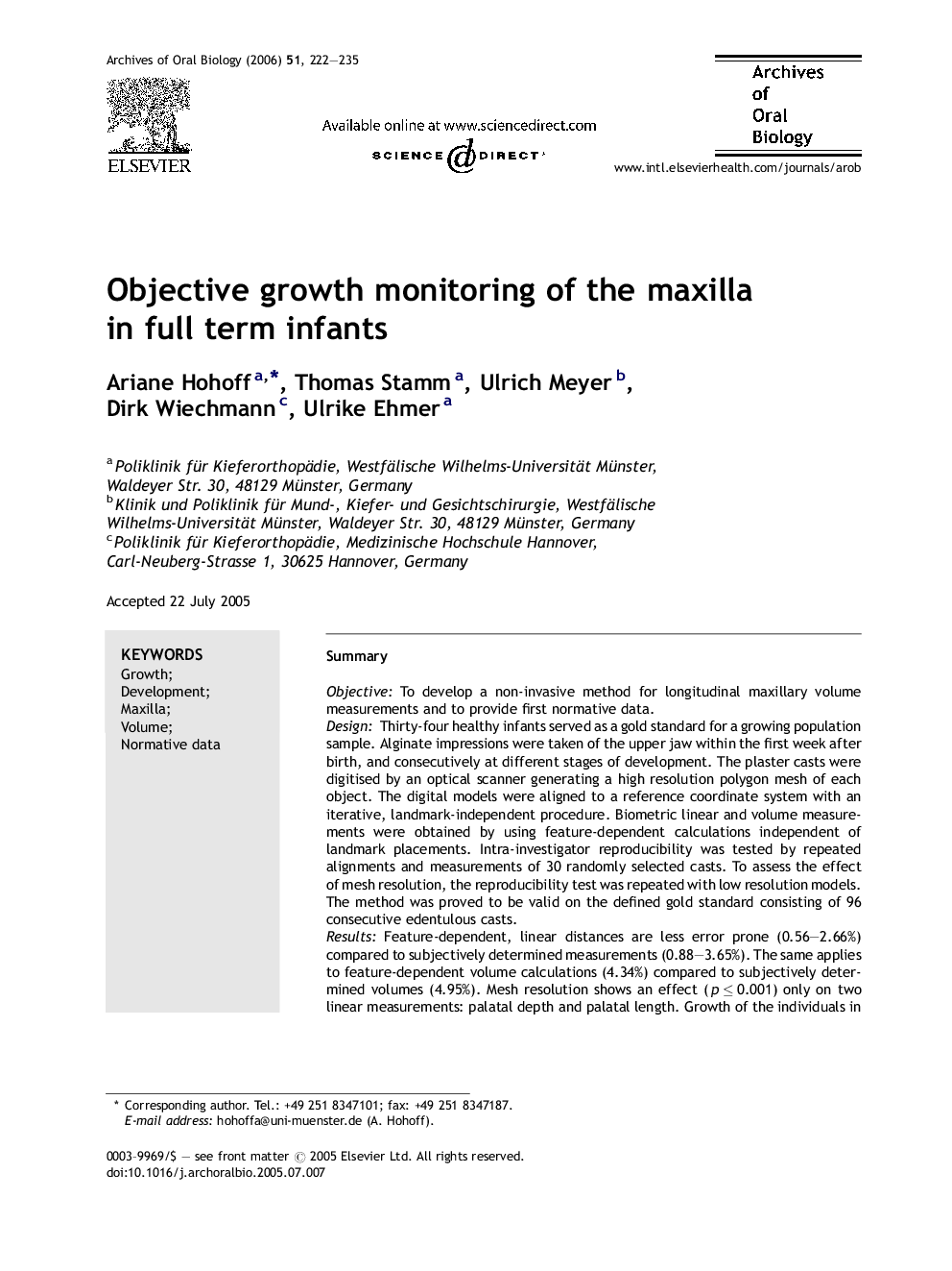 Objective growth monitoring of the maxilla in full term infants