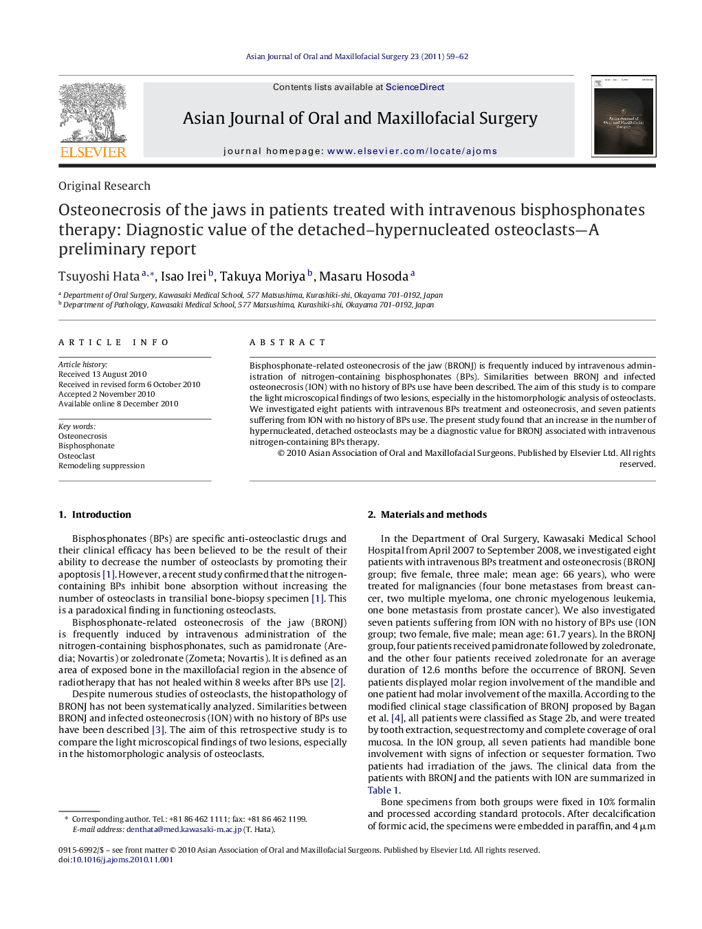 Osteonecrosis of the jaws in patients treated with intravenous bisphosphonates therapy: Diagnostic value of the detached–hypernucleated osteoclasts—A preliminary report