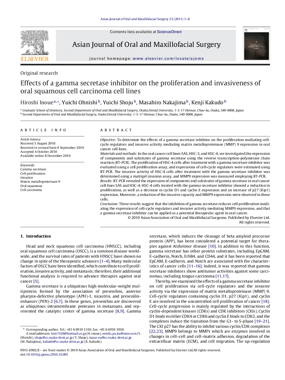 Effects of a gamma secretase inhibitor on the proliferation and invasiveness of oral squamous cell carcinoma cell lines