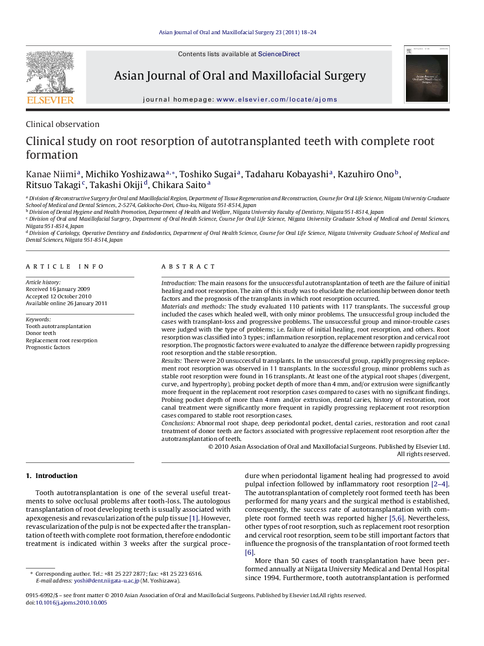 Clinical study on root resorption of autotransplanted teeth with complete root formation