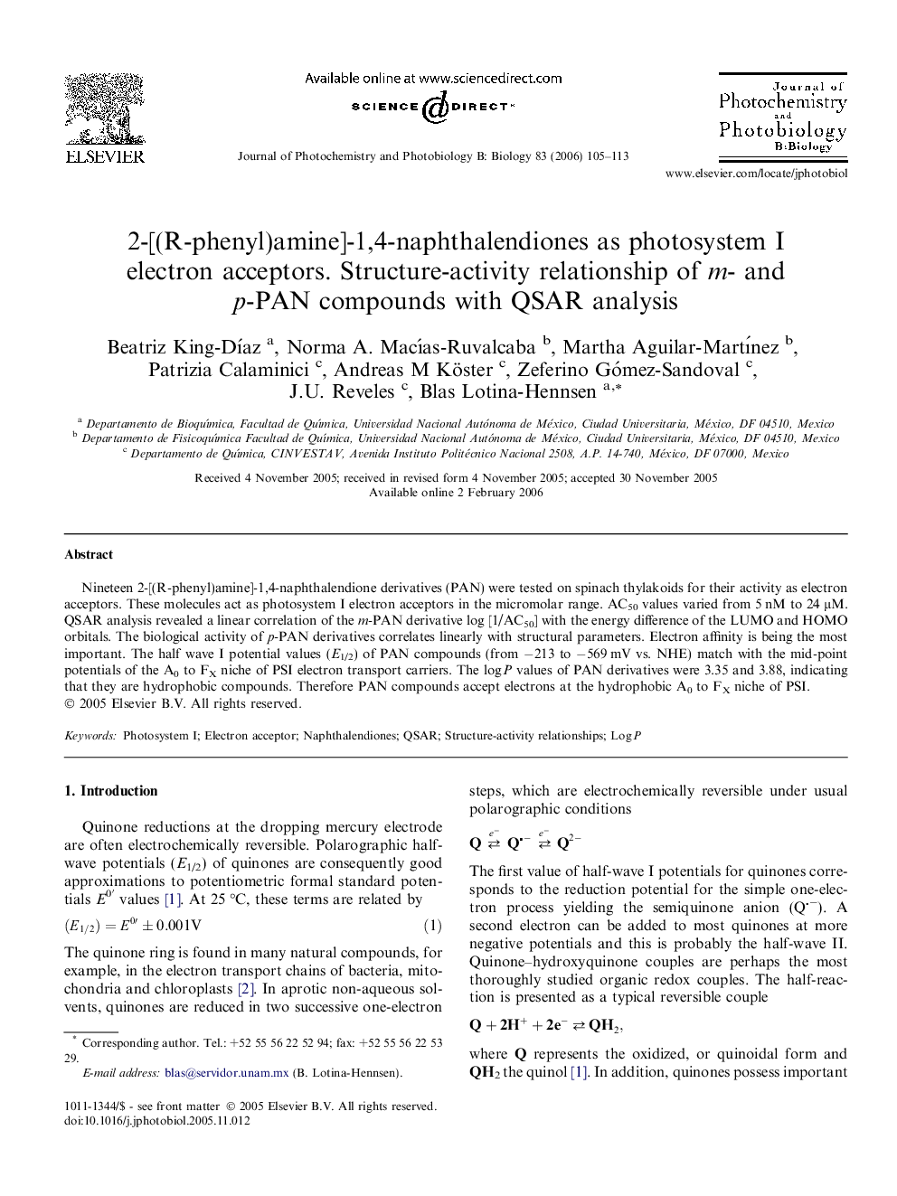 2-[(R-phenyl)amine]-1,4-naphthalendiones as photosystem I electron acceptors. Structure-activity relationship of m- and p-PAN compounds with QSAR analysis