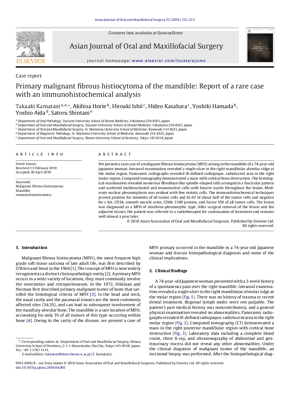 Primary malignant fibrous histiocytoma of the mandible: Report of a rare case with an immunohistochemical analysis