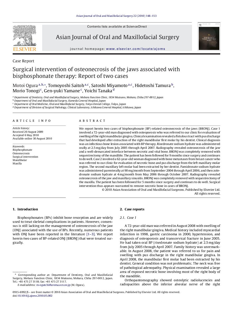 Surgical intervention of osteonecrosis of the jaws associated with bisphosphonate therapy: Report of two cases