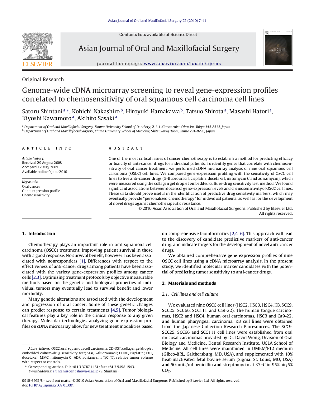 Genome-wide cDNA microarray screening to reveal gene-expression profiles correlated to chemosensitivity of oral squamous cell carcinoma cell lines